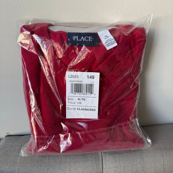 The Childrens Place Outlet Cotton V-Neck Long Sleeve Sweater Red14 NWT - Picture 2 of 3